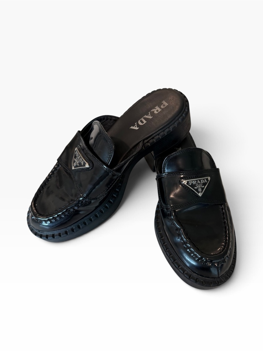 Prada Black Patent Leather Slip-On classic prada logo slides mules - Picture 10 of 12
